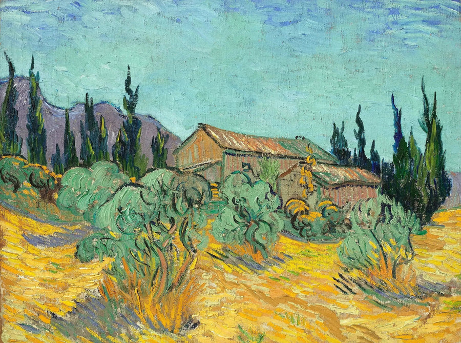 Zeytin ağaçları ve serviler arasında ahşap kulübeler - Vincent van Gogh
