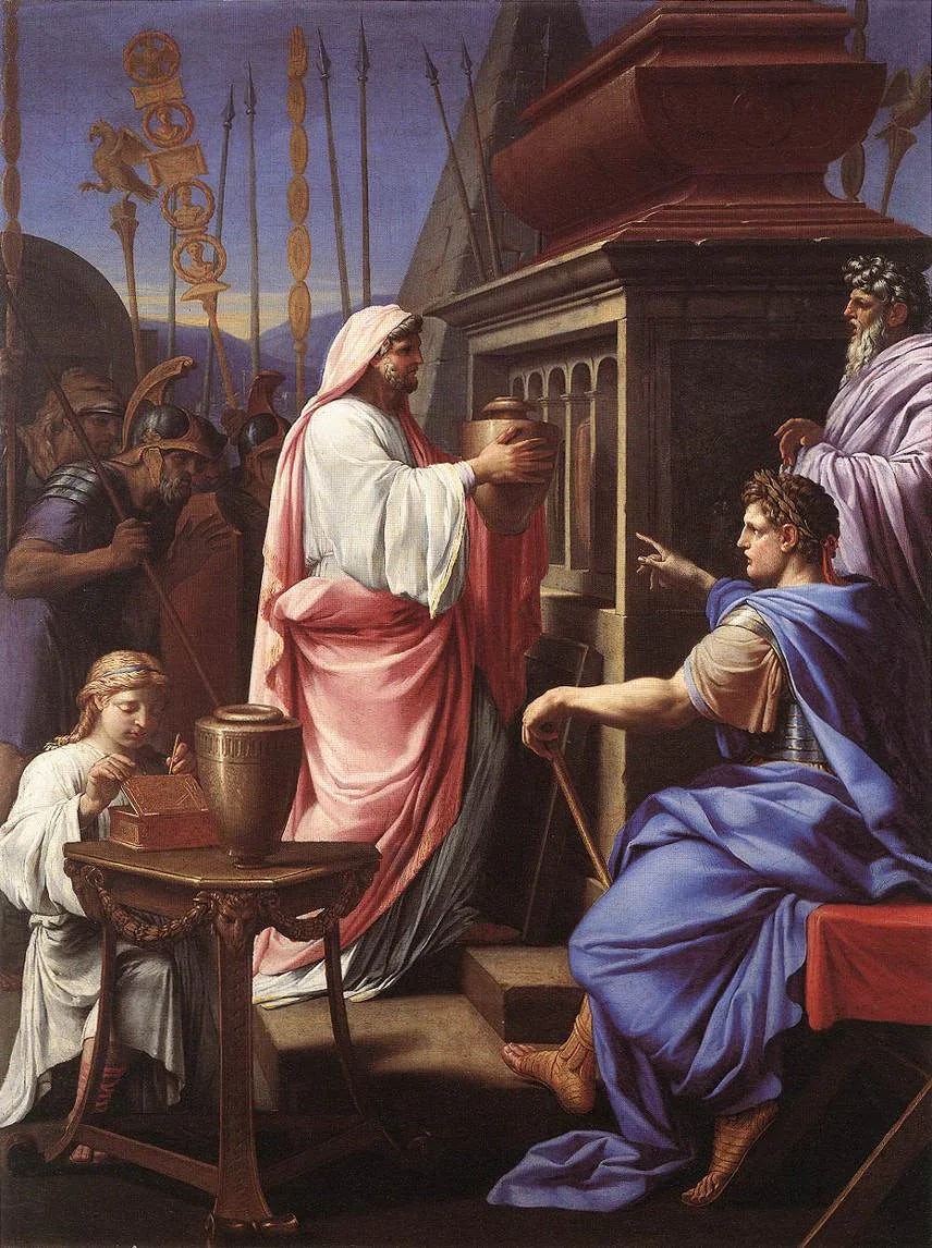 Caligula, annesinin ve kardeşinin küllerini atalar mezarına koyarken - Eustache Le Sueur