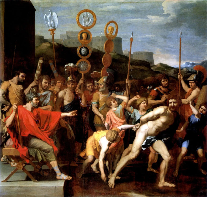 Camille, Faléries okul müdürünü öğrencilerine teslim ediyor - Nicolas Poussin