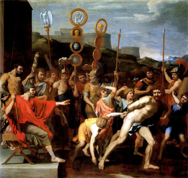 Camille, Faléries okul müdürünü öğrencilerine teslim ediyor - Nicolas Poussin