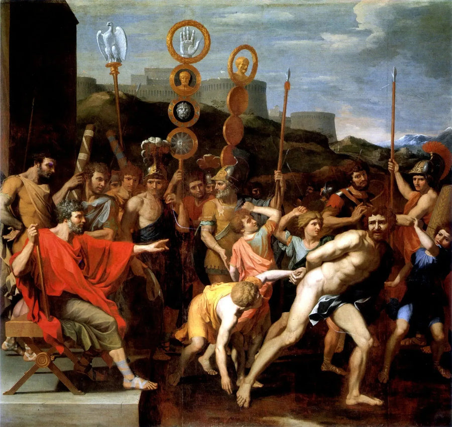 Camille, Faléries okul müdürünü öğrencilerine teslim ediyor - Nicolas Poussin