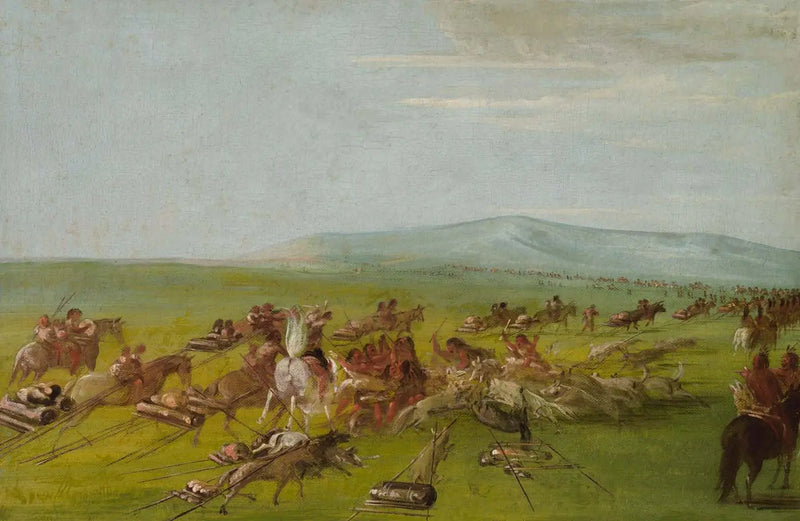 Hareketli Comanche Kampı, yolda köpek dövüşü - George Catlin