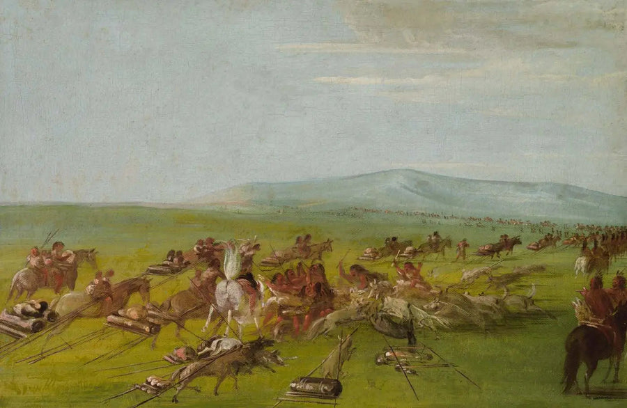 Hareketli Comanche Kampı, yolda köpek dövüşü - George Catlin