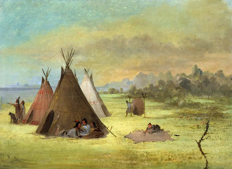 Kızılderili Kampı, Comanche (veya Kiowa) derileri hazırlayan, Kızıl Nehir - George Catlin