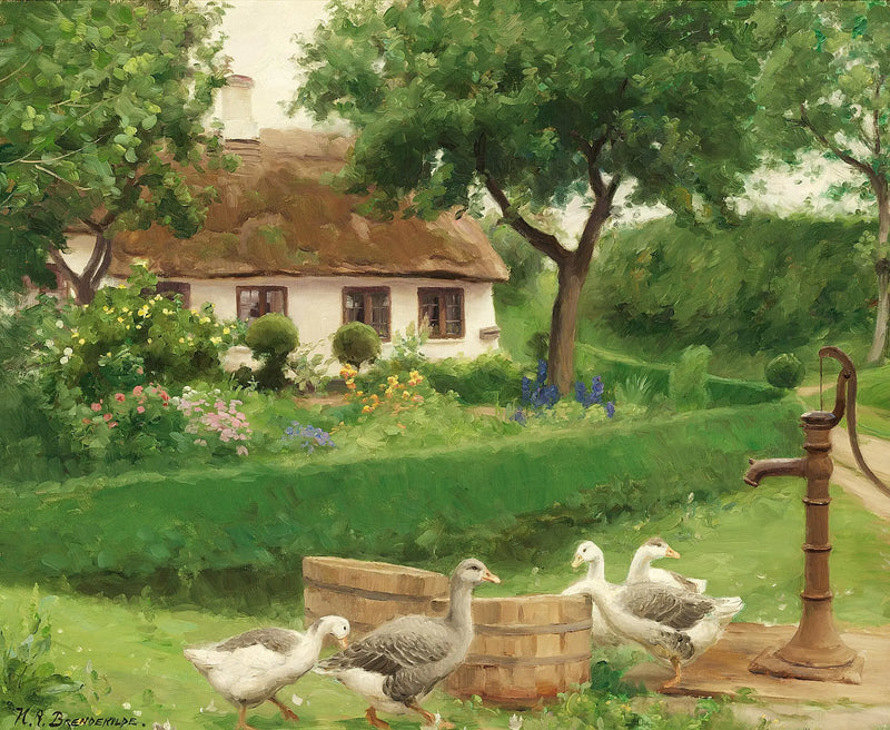 Sığırlar, saman çatılı bir çiftliğin arkasında bir su pompasına sahip. - H. A. Brendekilde