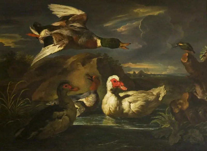 Yabani ördekler ve balıkçıl - Melchior de Hondecoeter