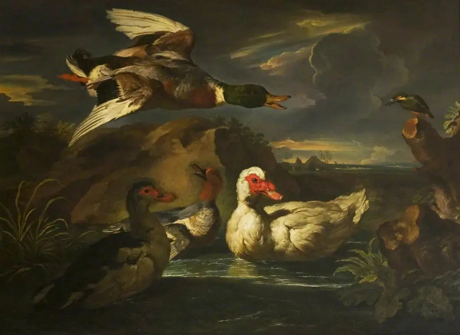 Yabani ördekler ve balıkçıl - Melchior de Hondecoeter