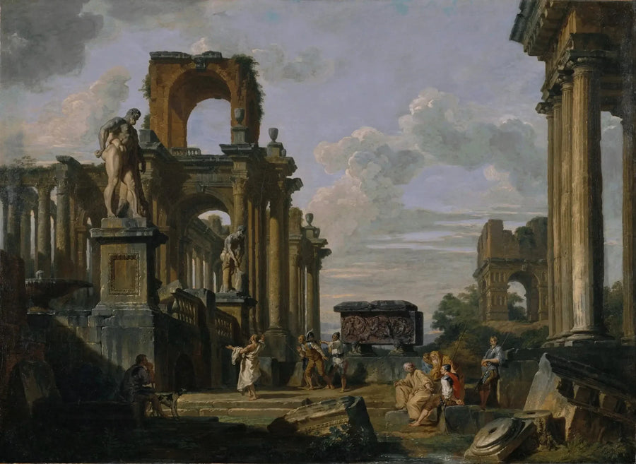Roma Forumunun Mimari Kaprisi, Antik Harabeler Arasında Filozoflar ve Askerler, Janus Quadrifrons Kemeri, Santa Constanza Lahdi, Farnese Hercules ve Cincinnatus - Giovanni Paolo Panini