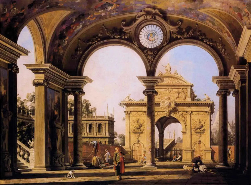 Rönesans Zafer Takı ile Capriccio, bir sarayın portikosundan görülen - Canaletto