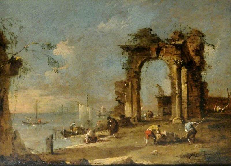Çapriccio, lagün kenarında yıkılmış bir kemerli yapı ile - Francesco Guardi