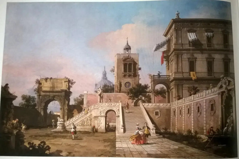 Rönesans Sarayından Bir Capriccio, Anıtsal Bir Merdiven, Saat Kulesi ve Titus Köprüsü Ötesinde - Canaletto