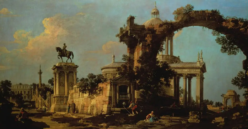 Roma Harabeleri Capriccio, Kubbe Çanakkale ve Colleoni Anıtı ile - Canaletto