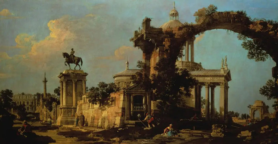 Roma Harabeleri Capriccio, Kubbe Çanakkale ve Colleoni Anıtı ile - Canaletto