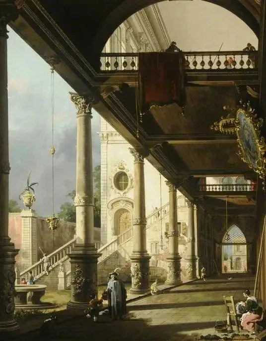 Capriccio : Bir sarayın avlusuna açılan koloniyer - Canaletto