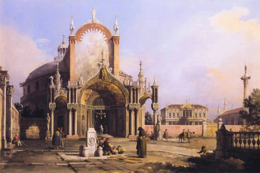 Capriccio : detaylı gotik portikli yuvarlak bir kilise, bir palladien meydanı ve arka planda gotik bir kilise ile - Canaletto
