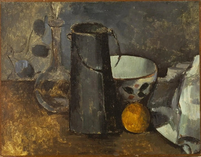 Karaf, süt kutusu, kase ve portakal - Paul Cézanne