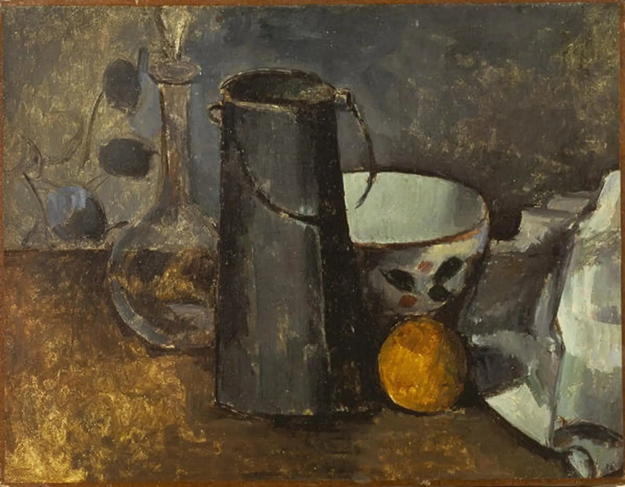 Karaf, süt kutusu, kase ve portakal - Paul Cézanne