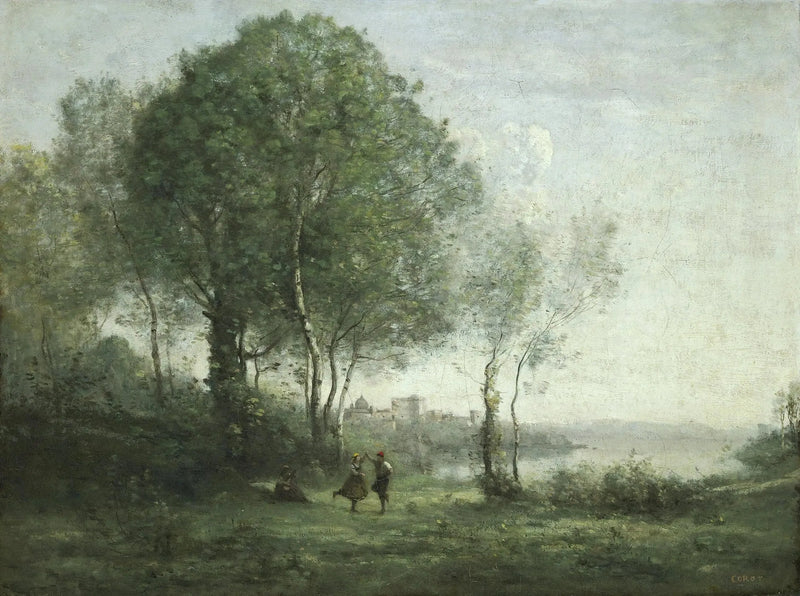 Castel Gandolfo, Albano Gölü kıyısında dans eden Tirol çobanları - Jean-Baptiste Camille Corot