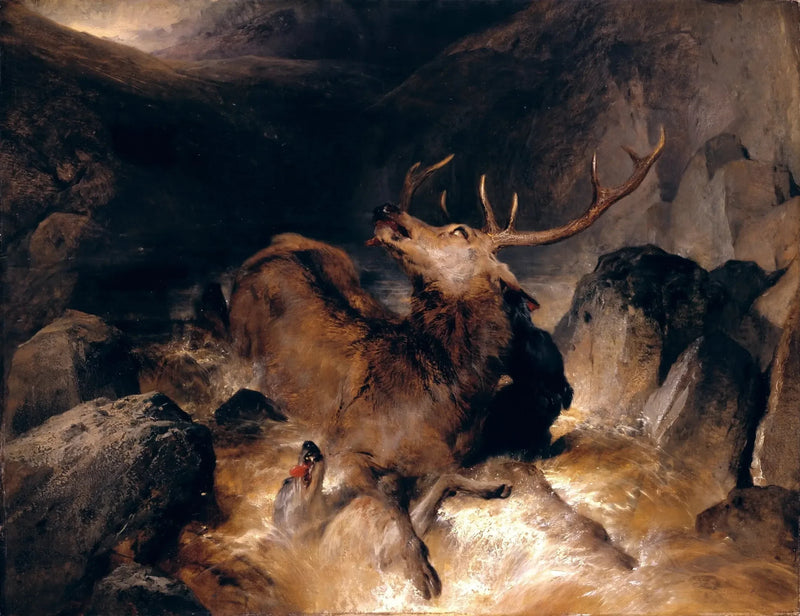 Dağ şelalesinde avcılar ve köpekler - Edwin Henry Landseer