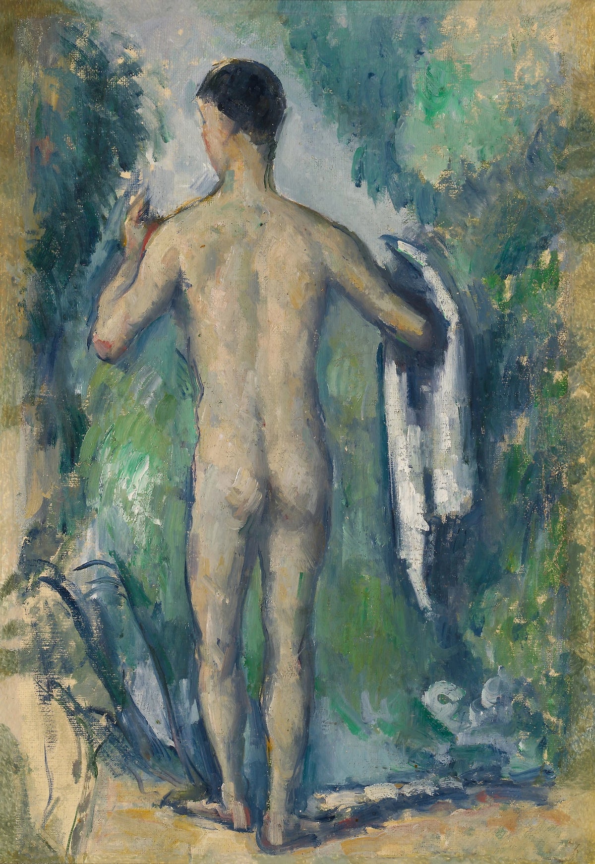 Ayakta duran banyo yapan adam, arkadan görünüş - Paul Cézanne