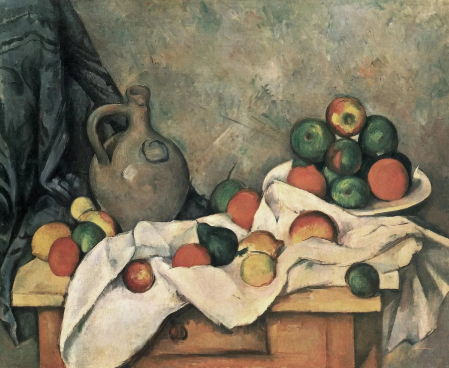 Perde, sürahi ve meyve tabağı - Paul Cézanne