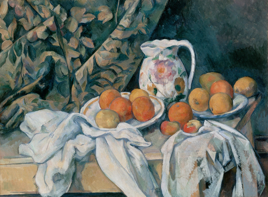 Perde ve çiçekli sürahi ile doğa ölüsü - Paul Cézanne