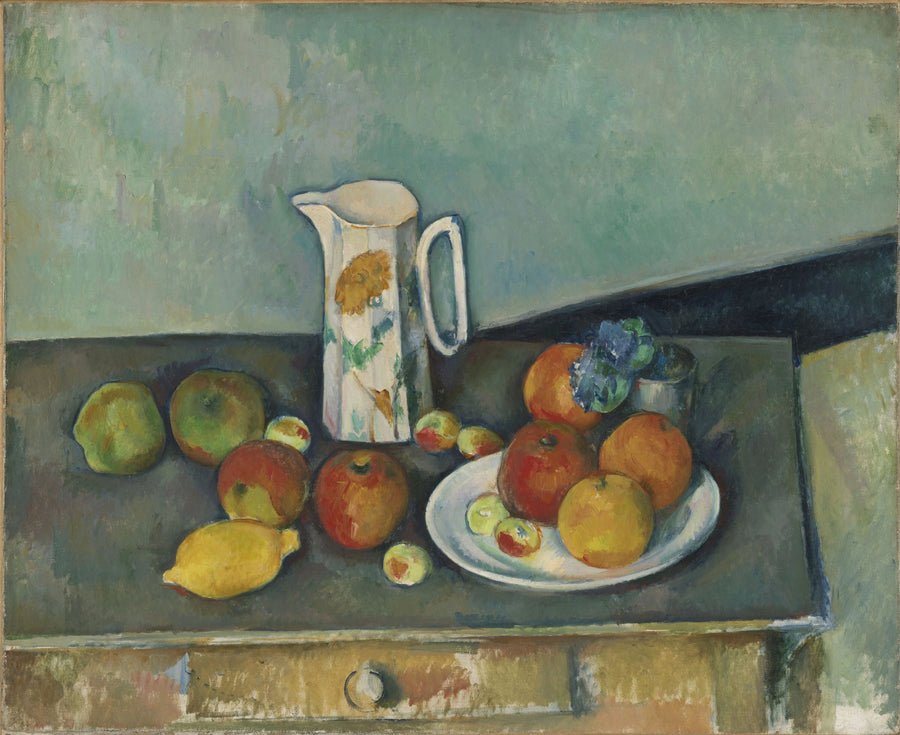 Natürmort, süt kabı ve bir masanın üzerindeki meyveler - Paul Cézanne