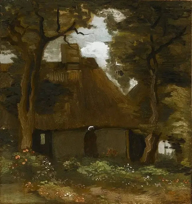 Ağaçlar ve köylü ile dağ evi - Vincent van Gogh