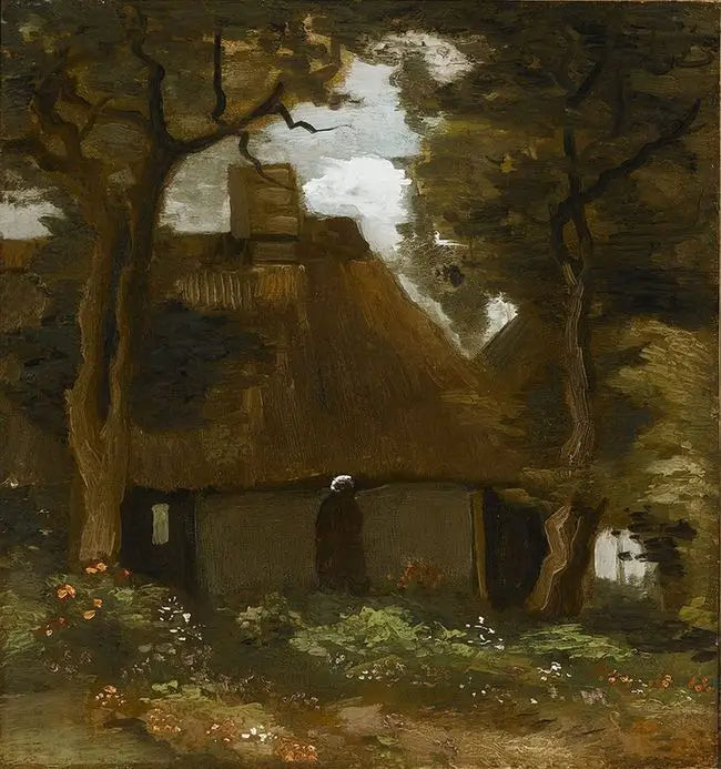 Reproduction du tableau « Chalet avec arbres et paysanne - Vincent van Gogh » par Alpha Reproduction en peinture à l’huile