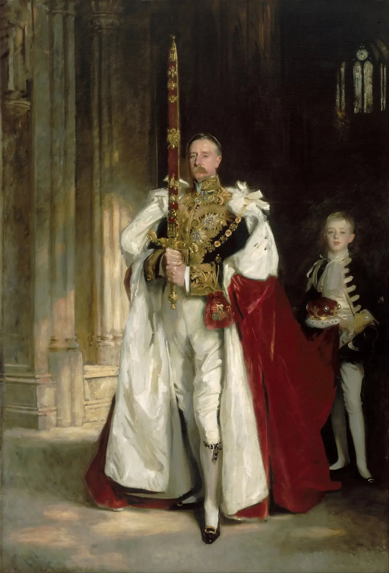 Charles Stewart, Londonderry'nin altıncı markisi, Ağustos 1902'de Kral Edward VII'nin taç giyme töreninde büyük devlet kılıcını taşırken ve bu vesileyle yanında bulunan M. W. C. Beaumont, onun saygılı hizmetkârı - John Singer Sargent