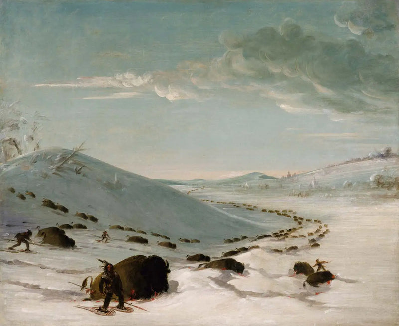 Kışın bizon avı, kar ayakkabısıyla Yerliler - George Catlin