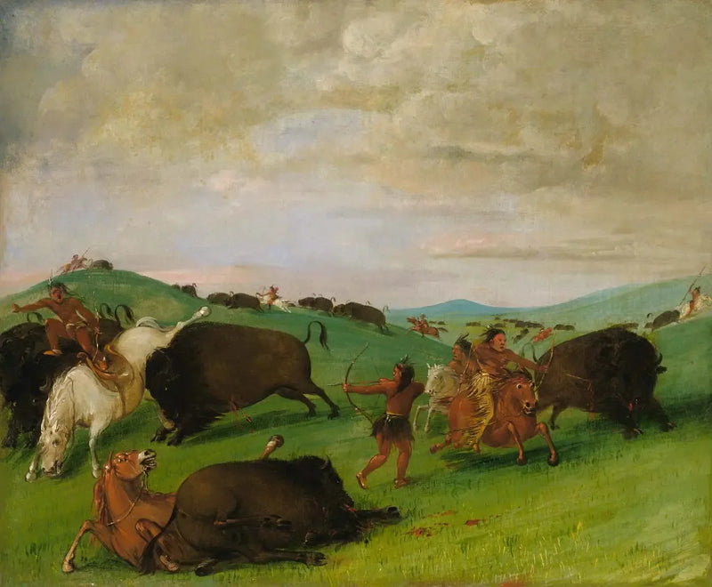 Bizon avı, erkekler ve atlarla dövüşen boğalar - George Catlin