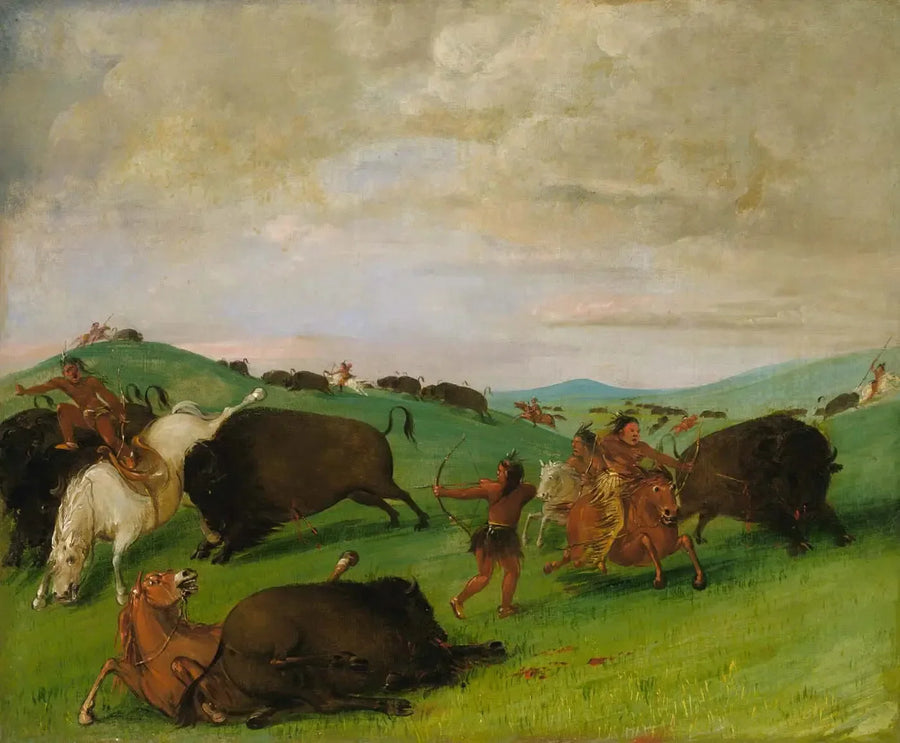 Bizon avı, erkekler ve atlarla dövüşen boğalar - George Catlin