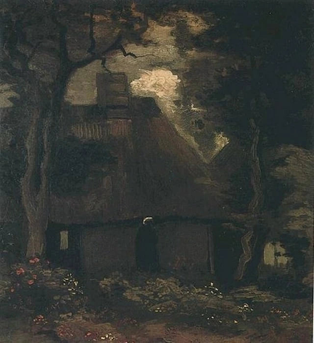 Ağaçlar ve köylü ile dağ evi - Vincent van Gogh
