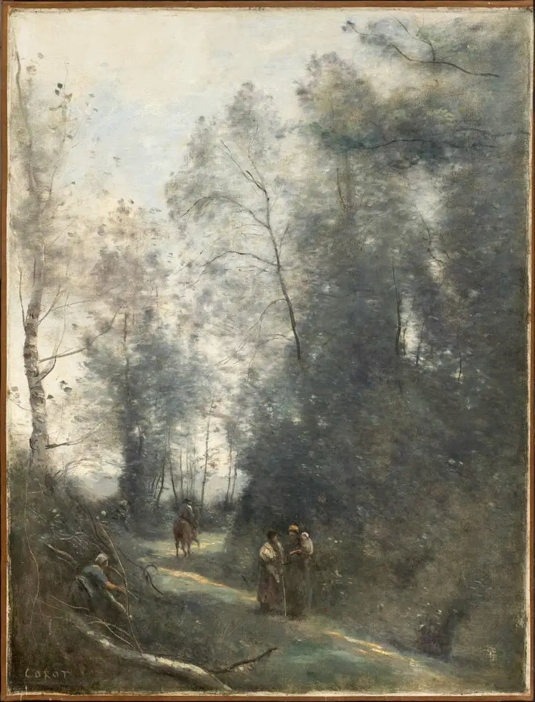 Üç köylü ve bir atlıyla dolambaçlı yol - Jean-Baptiste Camille Corot