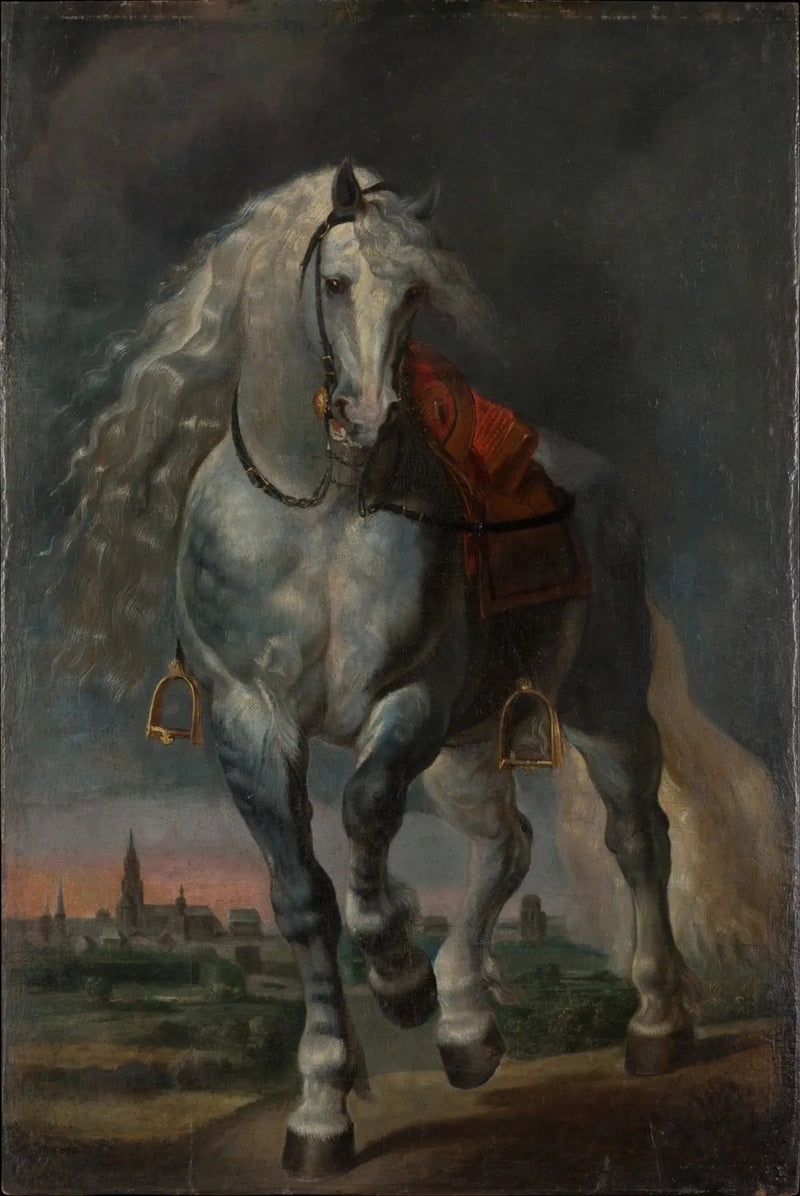 Düz bir manzara üzerinde yürüyen beyaz at, önünde bir şehir - Peter Paul Rubens