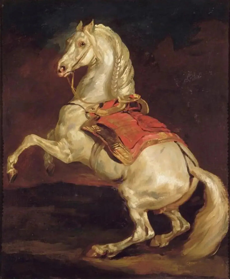 Kırmızı eyer halısında ayakta duran at - Théodore Géricault