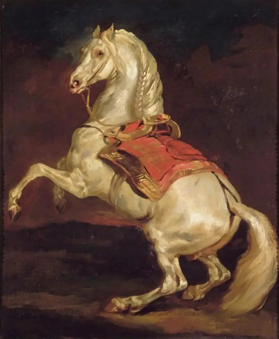 Kırmızı eyer halısında ayakta duran at - Théodore Géricault