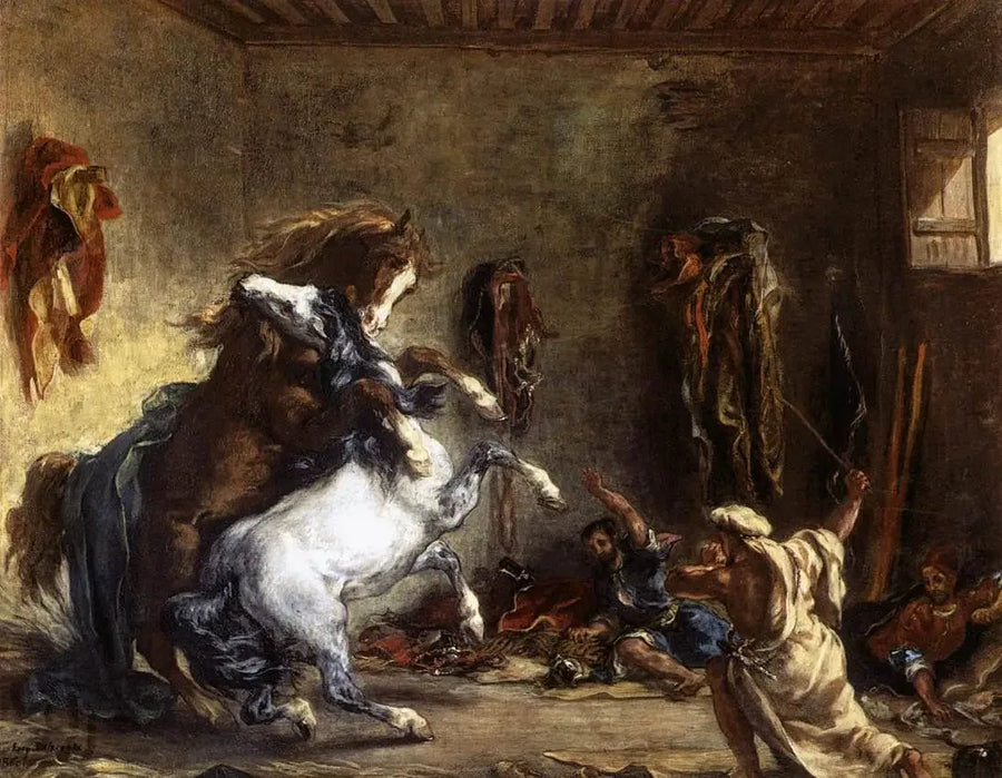 Bir ahırda dövüşen Arap atları - Eugène Delacroix