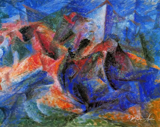 Chevaux+cavaliers+maisons - Umberto Boccioni - Reproductions de tableaux et peintures haut de gamme