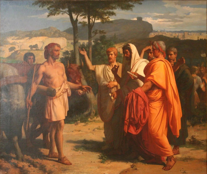 Cincinnatus'u, ona diktatörlük nişanlarını getirmekle görevlendirilmiş elçileri kabul ederken - Alexandre Cabanel