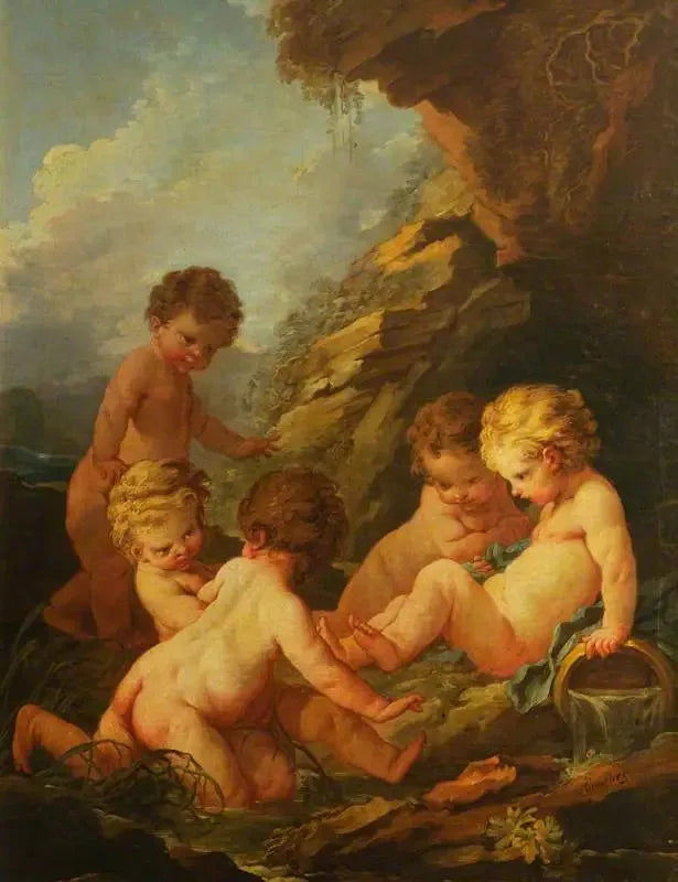 Beş çıplak çocuk kayalık bir havuzun kenarında oynuyor - François Boucher