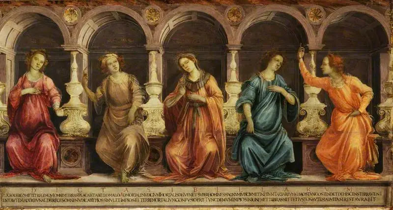 Beş kehanet oturmuş nişlerde: Samien, Kümeyen, Hellespontik, Frigyen ve Tiburtin - Filippino Lippi