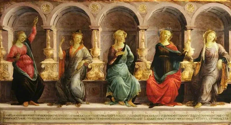 Beş sibil, nişlerde oturuyor: Babil, Libya, Delfi, Kimmer ve Eritre - Sandro Botticelli