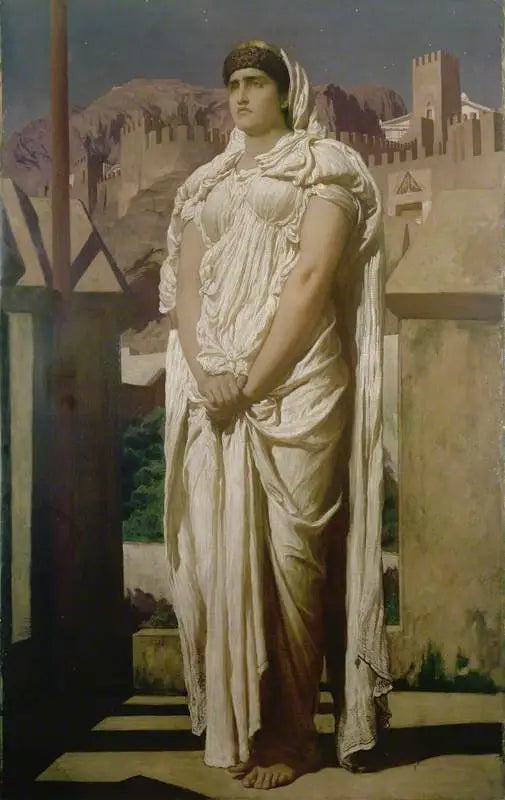 Clytemnestre, Argos sur duvarlarından, geri dönüşünü müjdeleyecek olan deniz feneri ışıklarını izliyor - Frederic Leighton