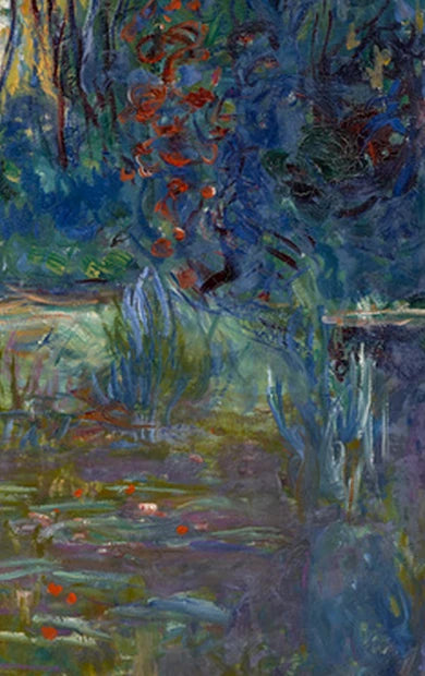 Détail du bassin, des nymphéas rouges et des reflets dans Coin de l’étang à Giverny W1878 de Monet