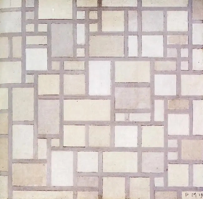 Kompozisyon 7: Açık renkli planlar gri konturlar ile - Piet Mondrian