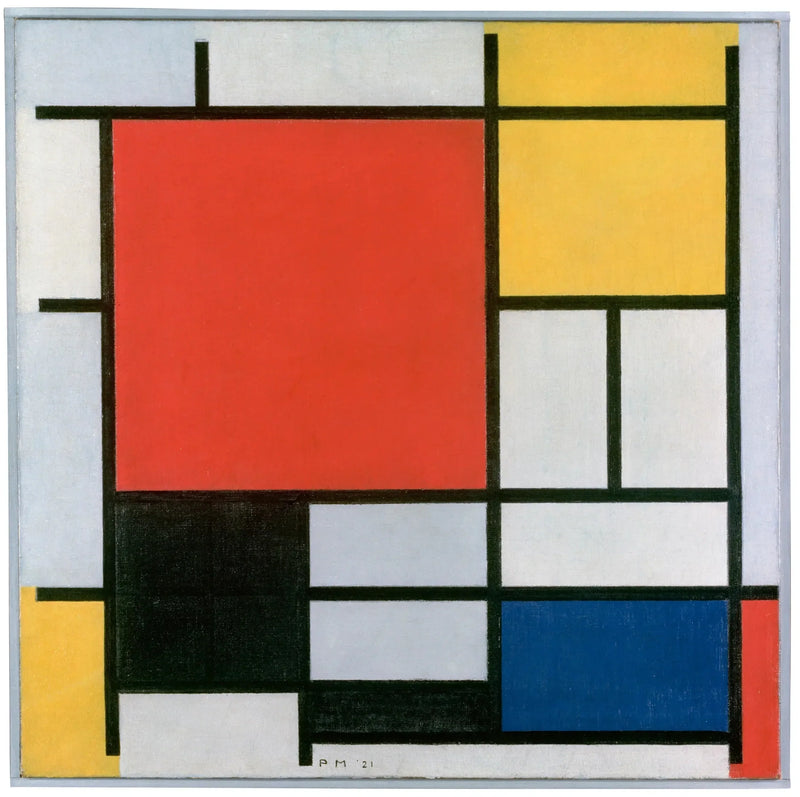 Kırmızı, sarı, siyah, gri ve mavi büyük plan ile kompozisyon - Piet Mondrian