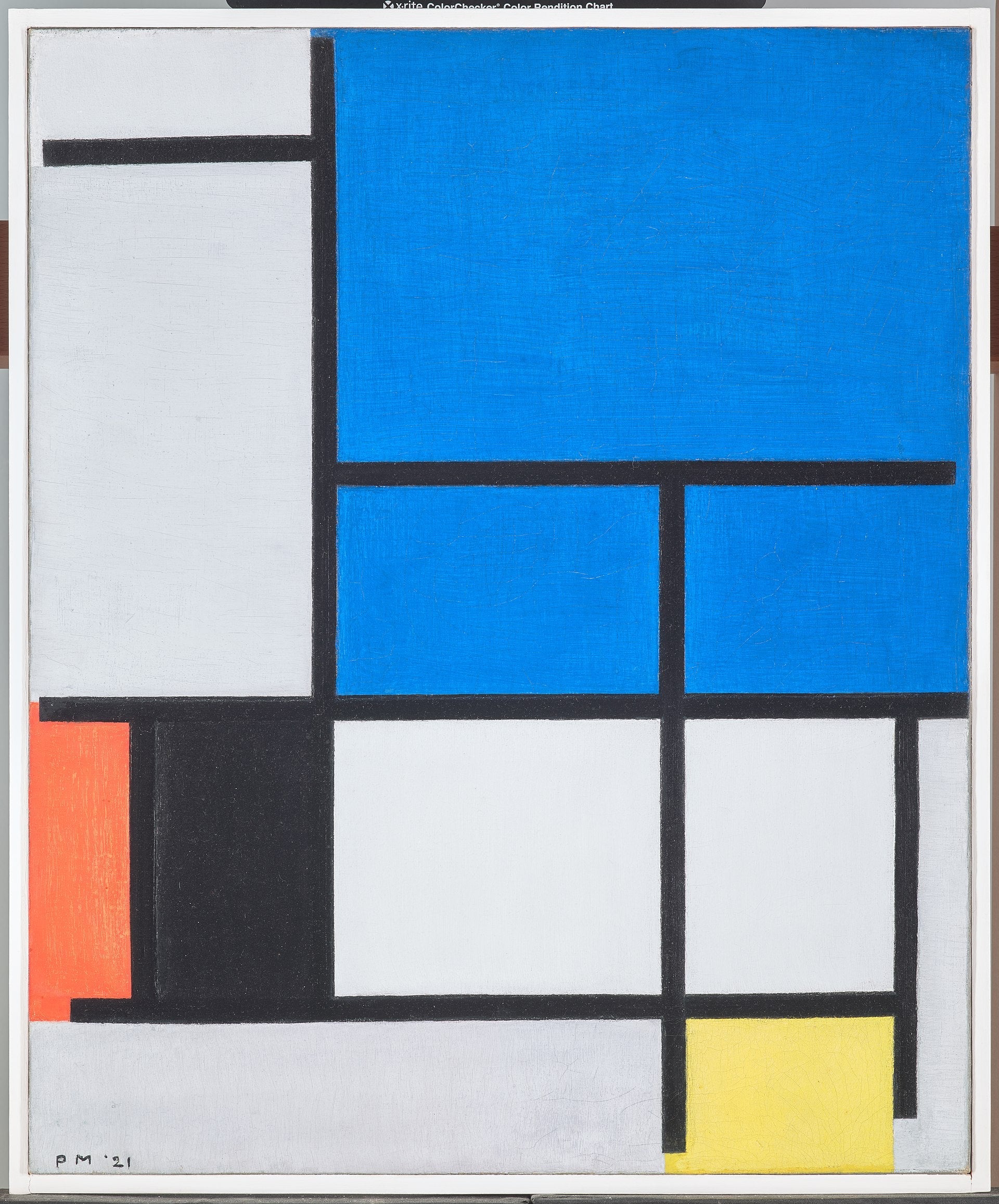 Mavi, kırmızı, siyah, sarı ve gri büyük bir uçak ile kompozisyon - Piet Mondrian