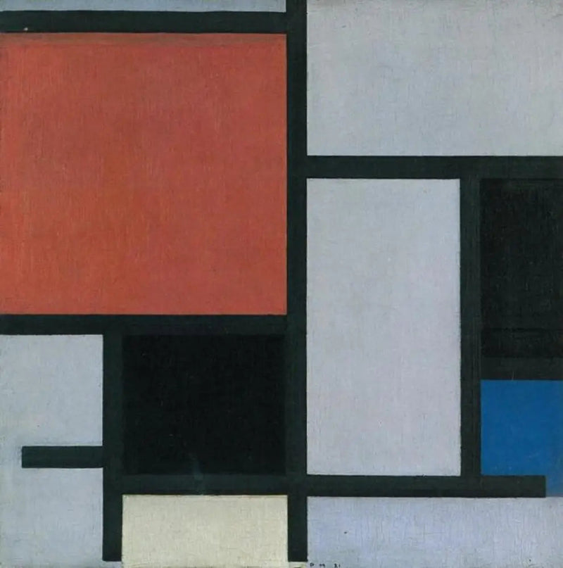 Kırmızı, siyah, mavi, sarı ve gri büyük bir uçak ile kompozisyon - Piet Mondrian